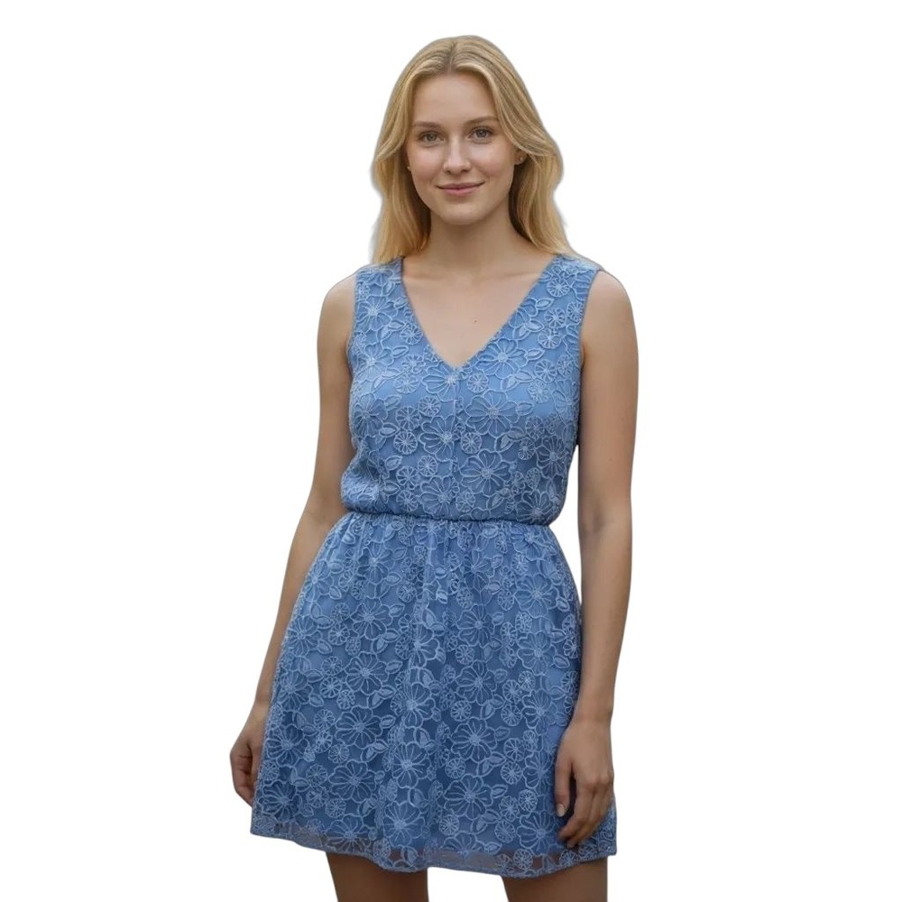 eight sixty Blue Floral Lace V Neck Sleeveless Mini Dress Party Cocktail
